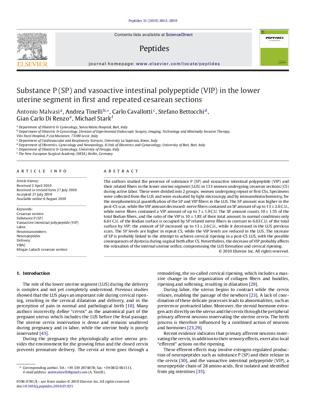 Substance P (SP) and vasoactive intestinal polypeptide (VIP) in the lower uterine segment in first and repeated cesarean sections