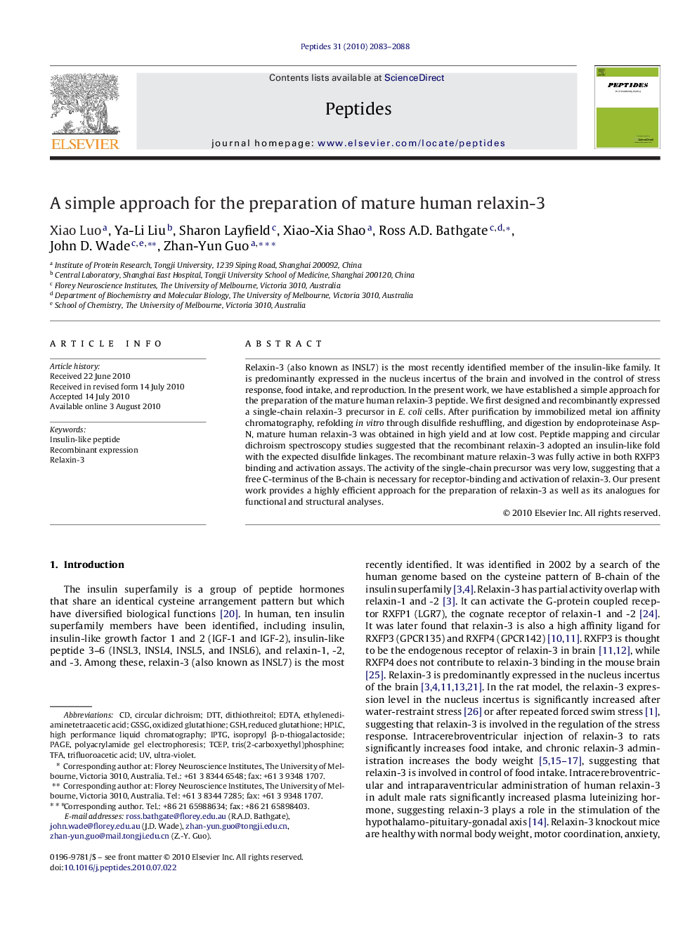 A simple approach for the preparation of mature human relaxin-3