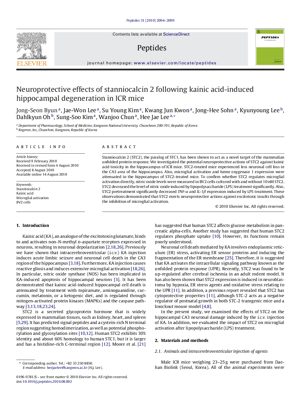 Neuroprotective effects of stanniocalcin 2 following kainic acid-induced hippocampal degeneration in ICR mice