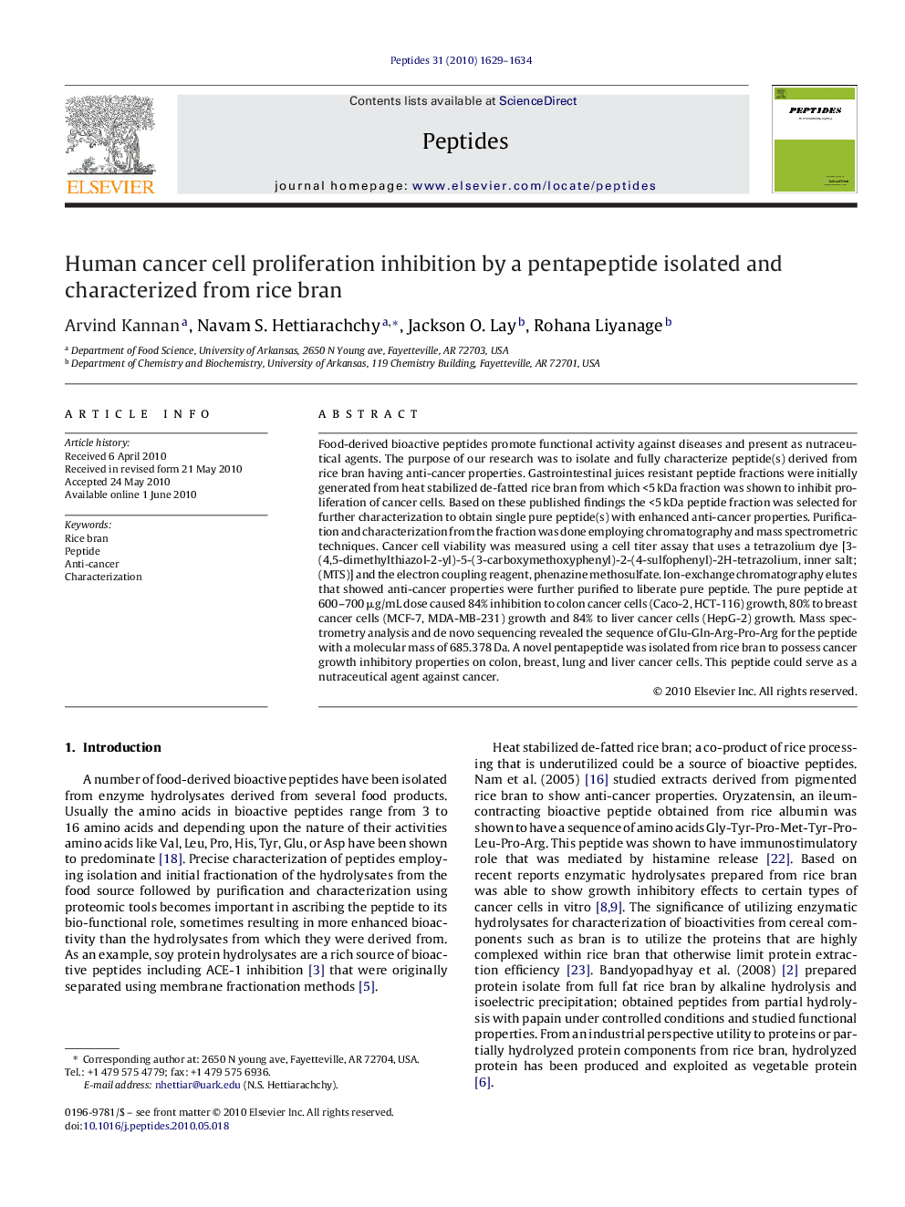 Human cancer cell proliferation inhibition by a pentapeptide isolated and characterized from rice bran