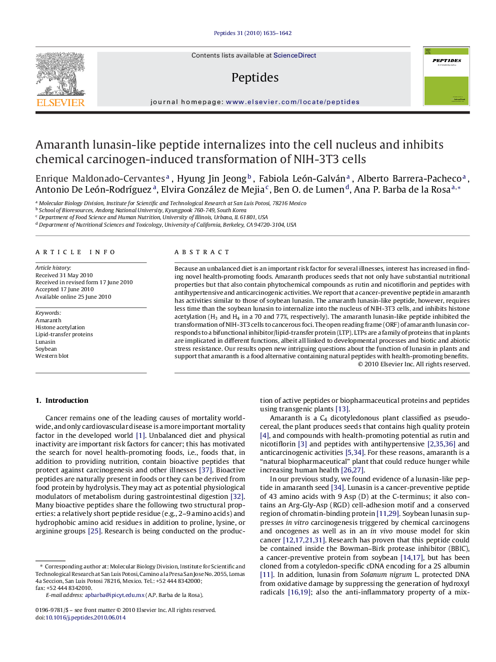 Amaranth lunasin-like peptide internalizes into the cell nucleus and inhibits chemical carcinogen-induced transformation of NIH-3T3 cells