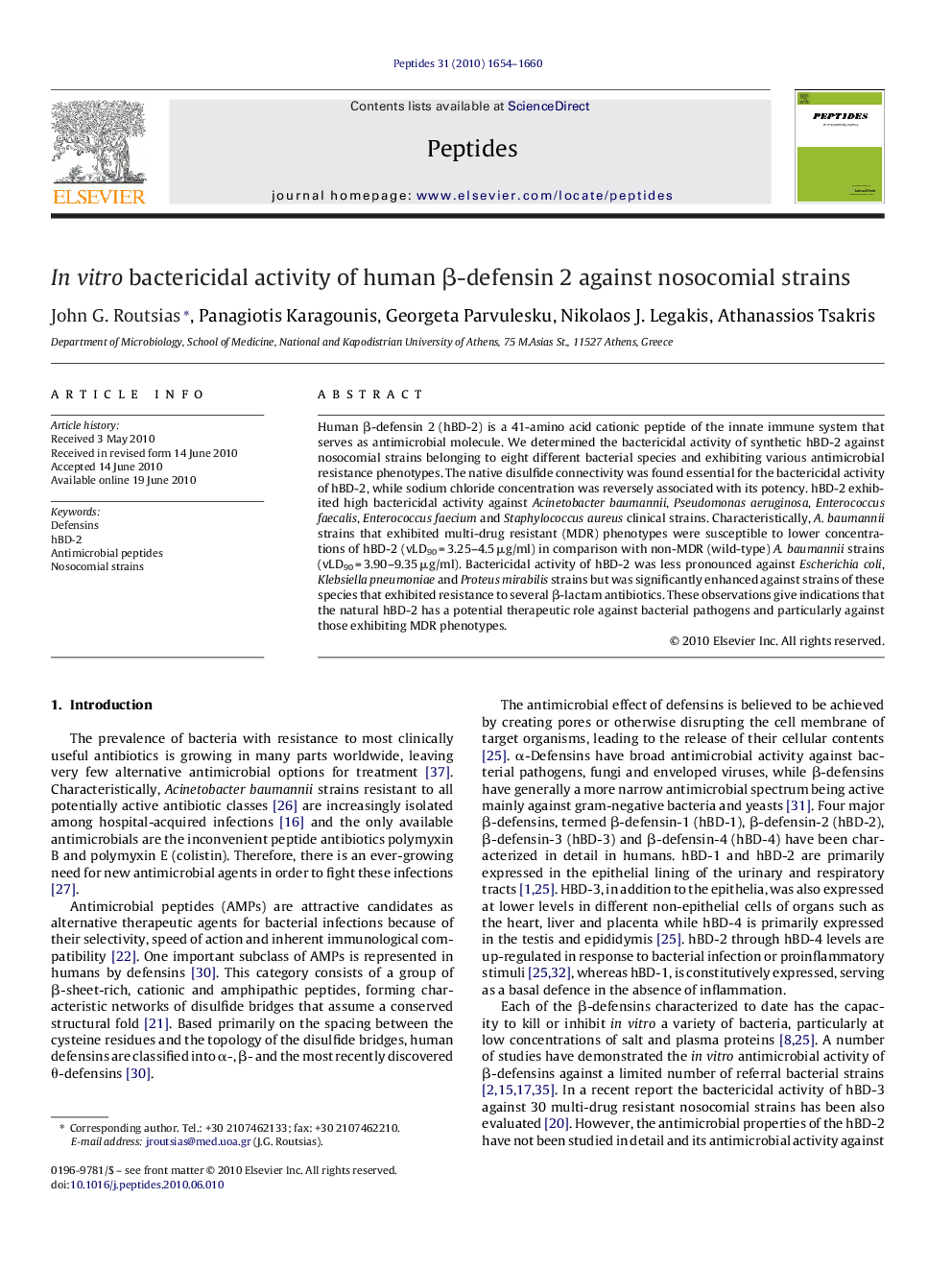 In vitro bactericidal activity of human β-defensin 2 against nosocomial strains