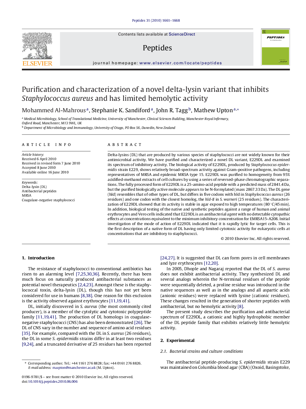 Purification and characterization of a novel delta-lysin variant that inhibits Staphylococcus aureus and has limited hemolytic activity