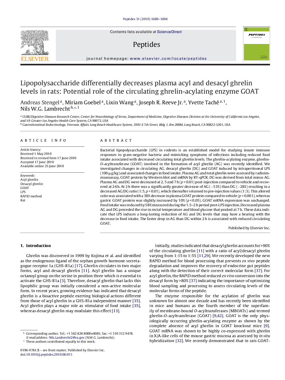 Lipopolysaccharide differentially decreases plasma acyl and desacyl ghrelin levels in rats: Potential role of the circulating ghrelin-acylating enzyme GOAT