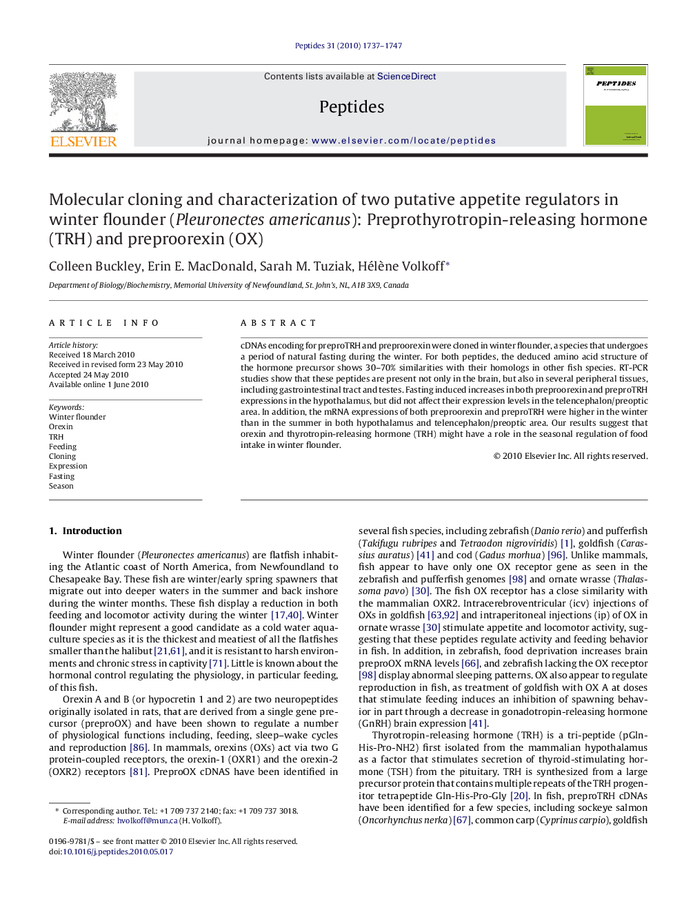 Molecular cloning and characterization of two putative appetite regulators in winter flounder (Pleuronectes americanus): Preprothyrotropin-releasing hormone (TRH) and preproorexin (OX)