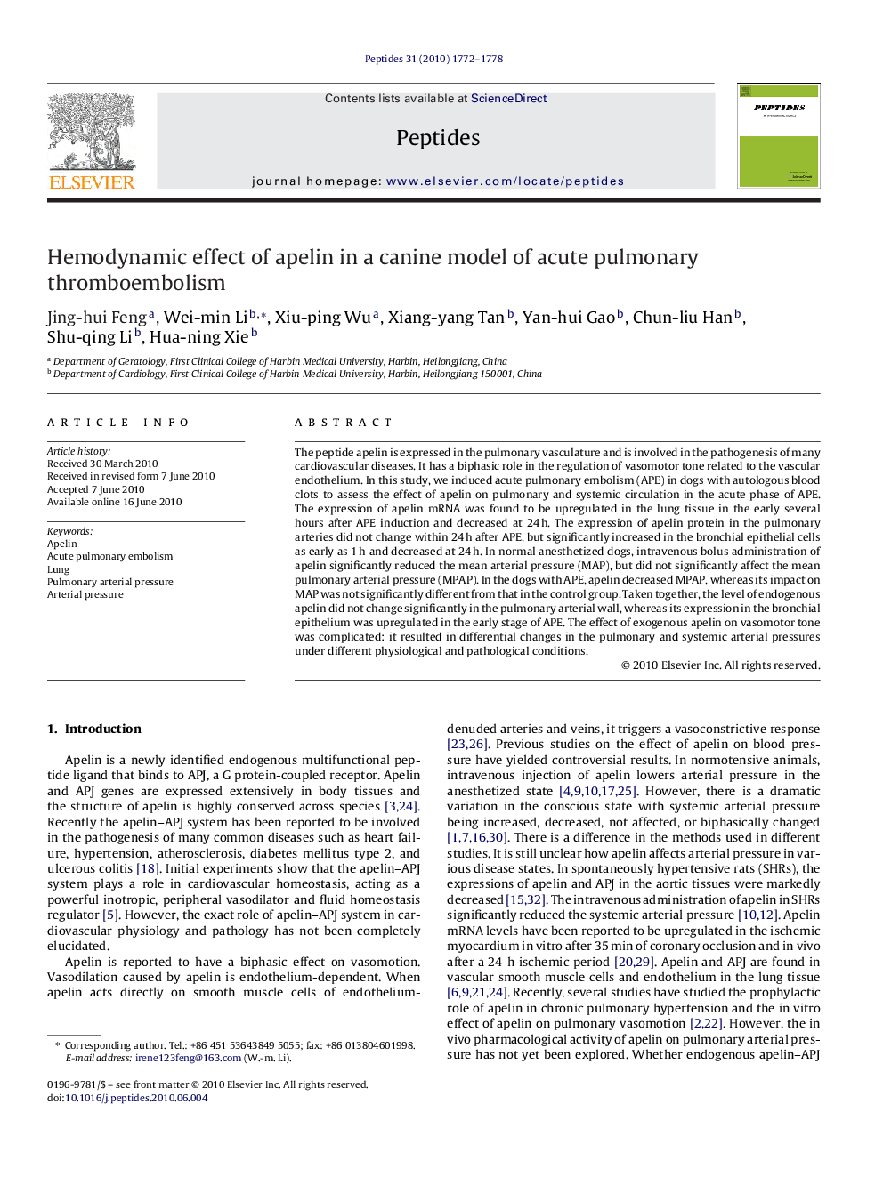 عکس صفحه اول مقاله: Hemodynamic effect of apelin in a canine model of acute pulmonary thromboembolism Hemodynamic effect of apelin in a canine model of acute pulmonary thromboembolism