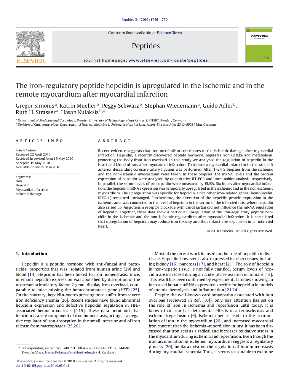 The iron-regulatory peptide hepcidin is upregulated in the ischemic and in the remote myocardium after myocardial infarction