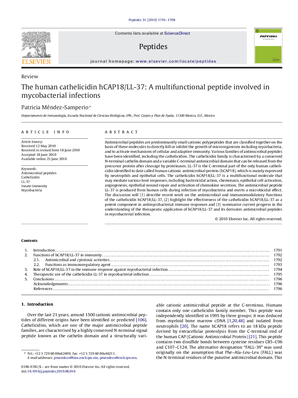 The human cathelicidin hCAP18/LL-37: A multifunctional peptide involved in mycobacterial infections