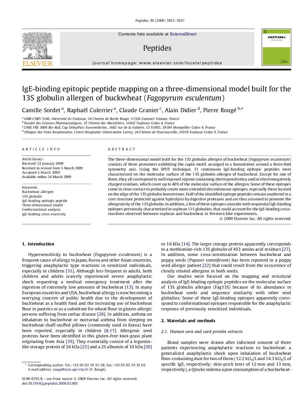 IgE-binding epitopic peptide mapping on a three-dimensional model built for the 13S globulin allergen of buckwheat (Fagopyrum esculentum)