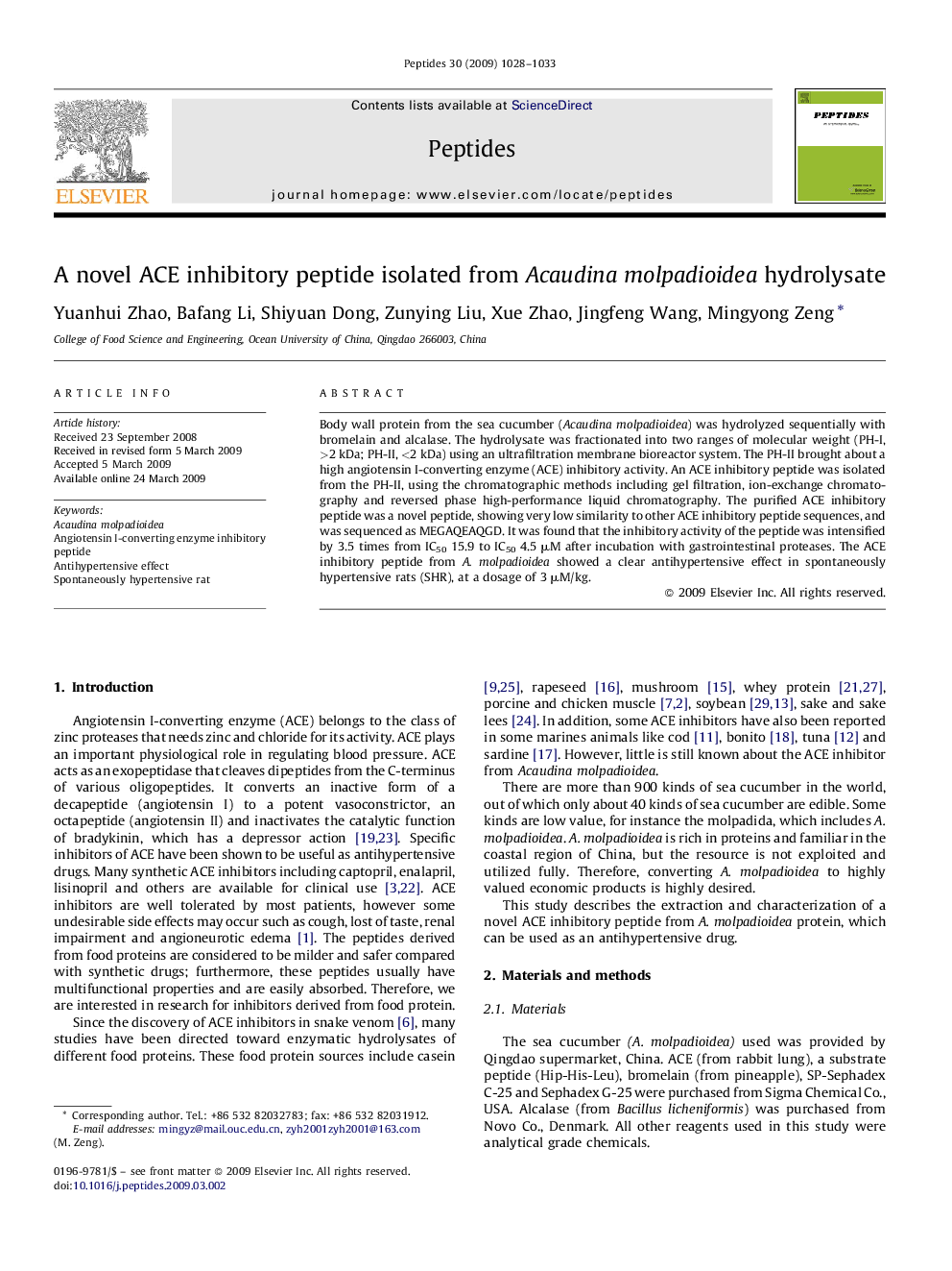 A novel ACE inhibitory peptide isolated from Acaudina molpadioidea hydrolysate