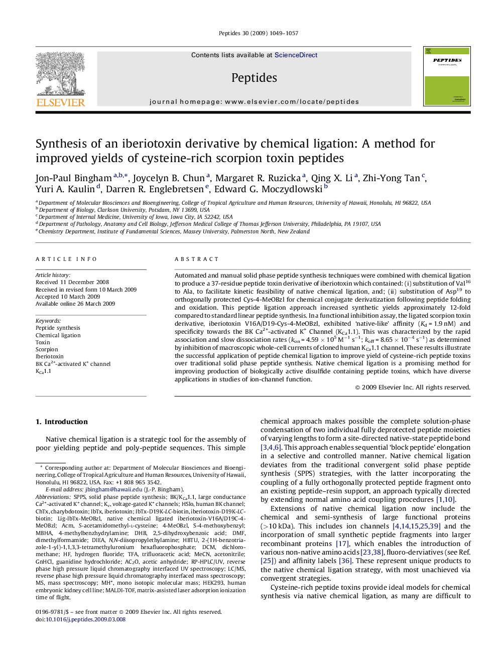 Synthesis of an iberiotoxin derivative by chemical ligation: A method for improved yields of cysteine-rich scorpion toxin peptides