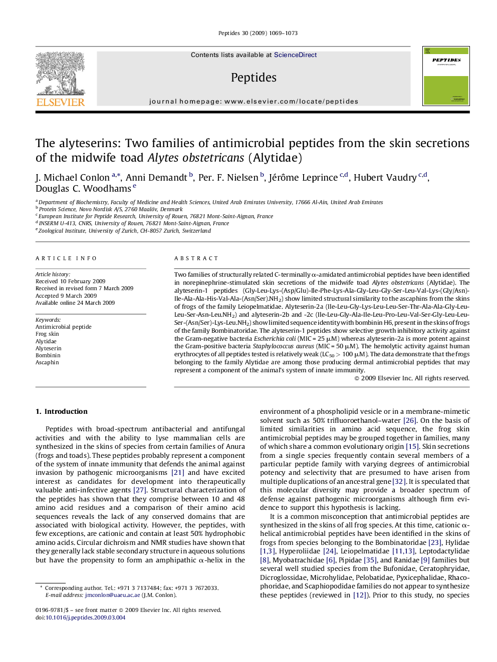 The alyteserins: Two families of antimicrobial peptides from the skin secretions of the midwife toad Alytes obstetricans (Alytidae)