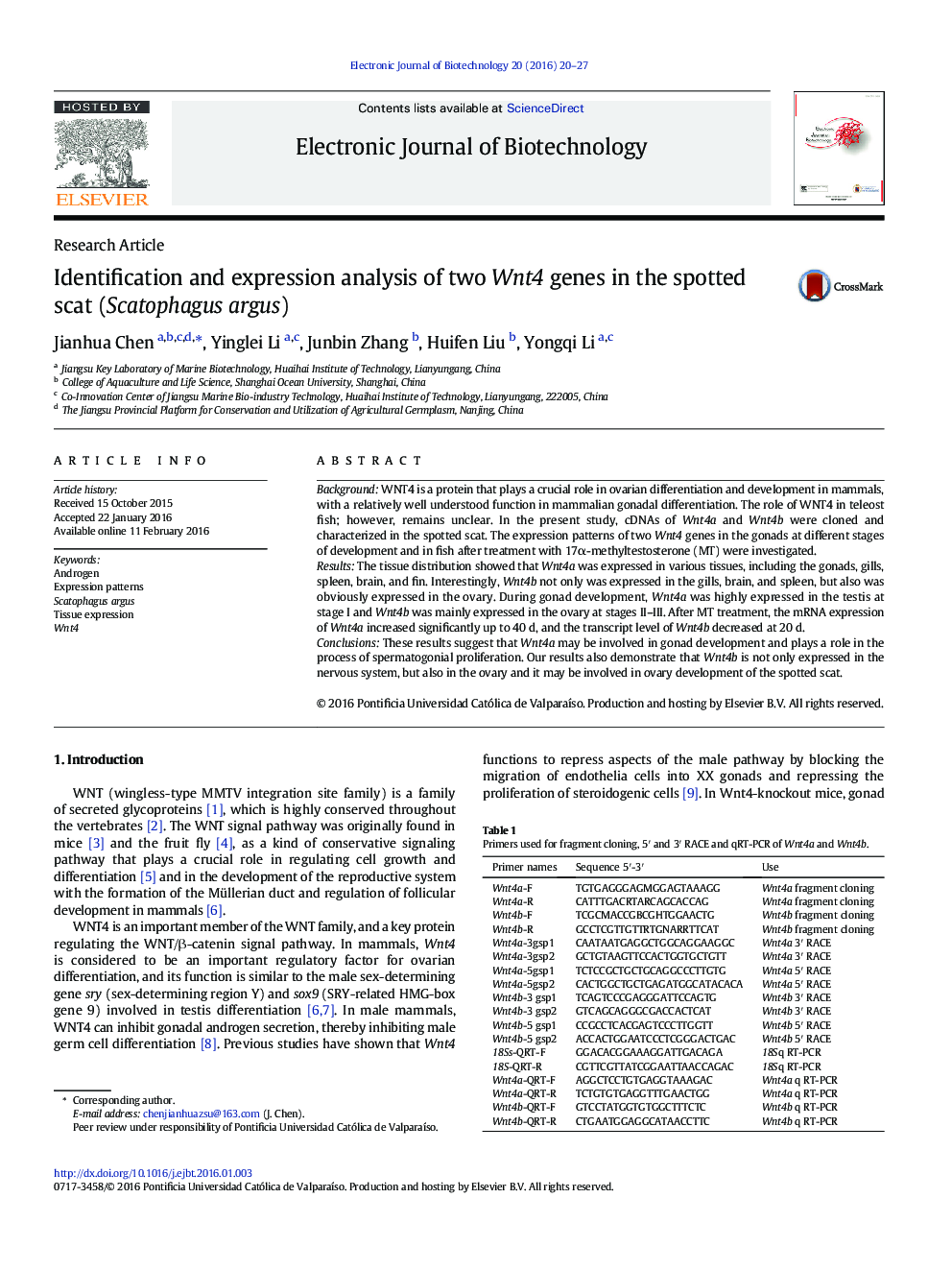 Identification and expression analysis of two Wnt4 genes in the spotted scat (Scatophagus argus) 