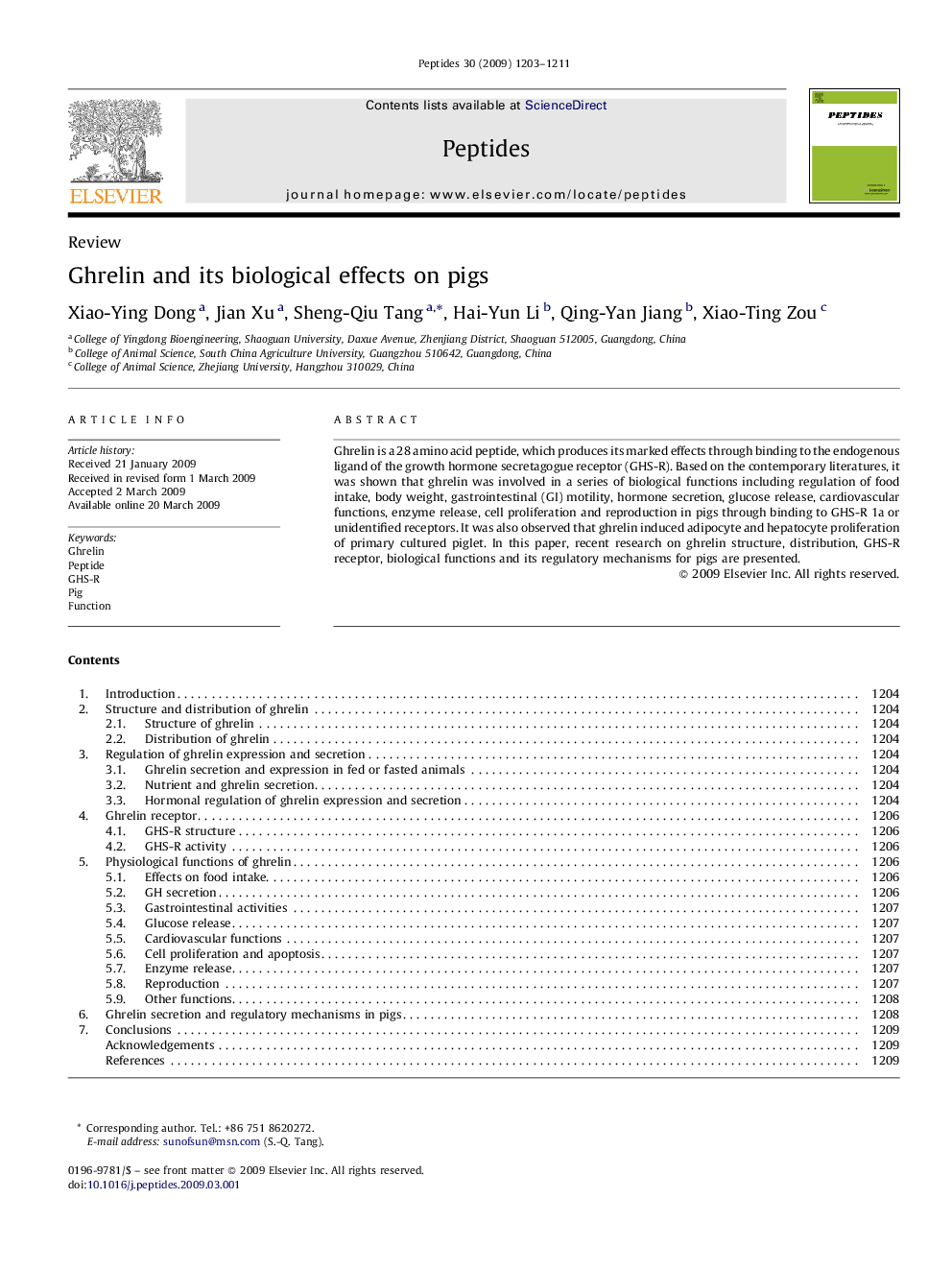 Ghrelin and its biological effects on pigs