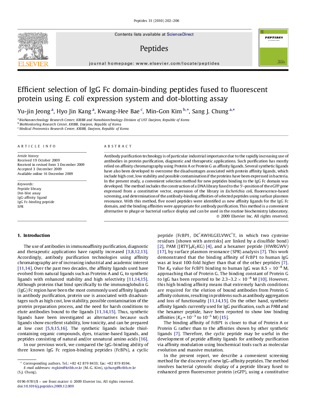 Efficient selection of IgG Fc domain-binding peptides fused to fluorescent protein using E. coli expression system and dot-blotting assay