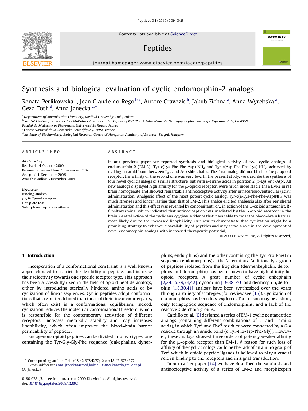 Synthesis and biological evaluation of cyclic endomorphin-2 analogs