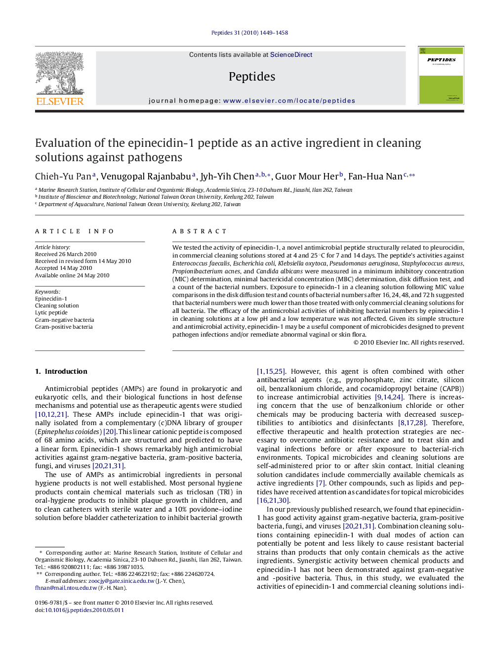 Evaluation of the epinecidin-1 peptide as an active ingredient in cleaning solutions against pathogens