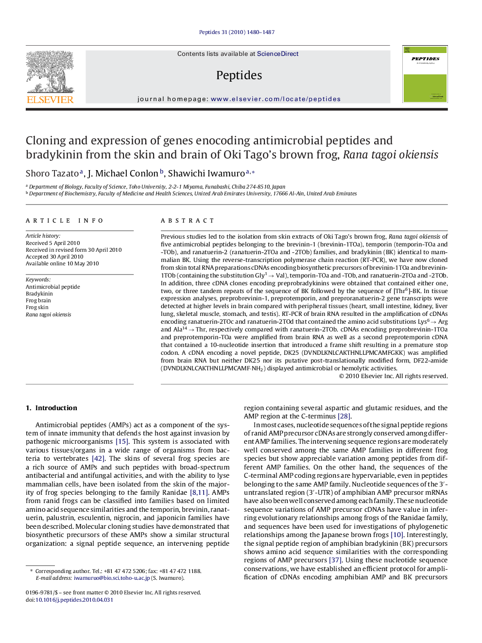 Cloning and expression of genes enocoding antimicrobial peptides and bradykinin from the skin and brain of Oki Tago's brown frog, Rana tagoi okiensis