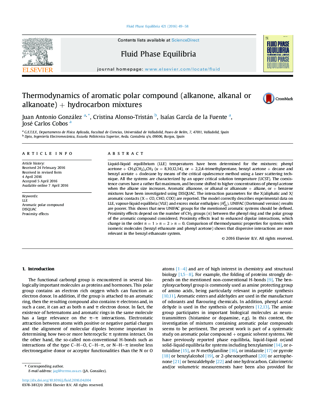 Thermodynamics of aromatic polar compound (alkanone, alkanal or alkanoate) + hydrocarbon mixtures