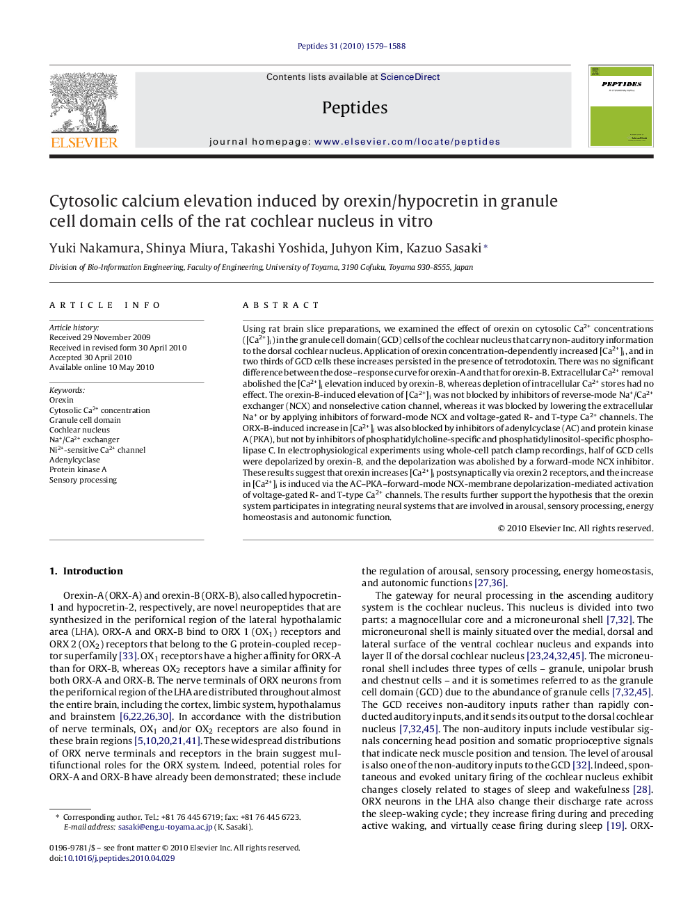 Cytosolic calcium elevation induced by orexin/hypocretin in granule cell domain cells of the rat cochlear nucleus in vitro