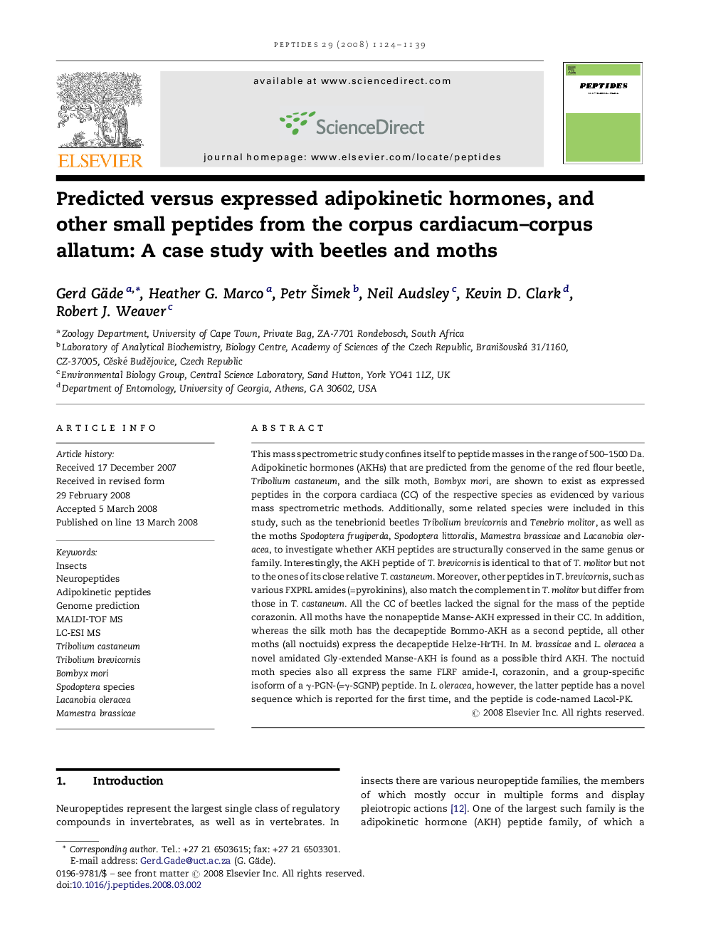 Predicted versus expressed adipokinetic hormones, and other small peptides from the corpus cardiacum-corpus allatum: A case study with beetles and moths