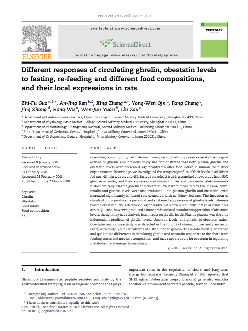 Different responses of circulating ghrelin, obestatin levels to fasting, re-feeding and different food compositions, and their local expressions in rats