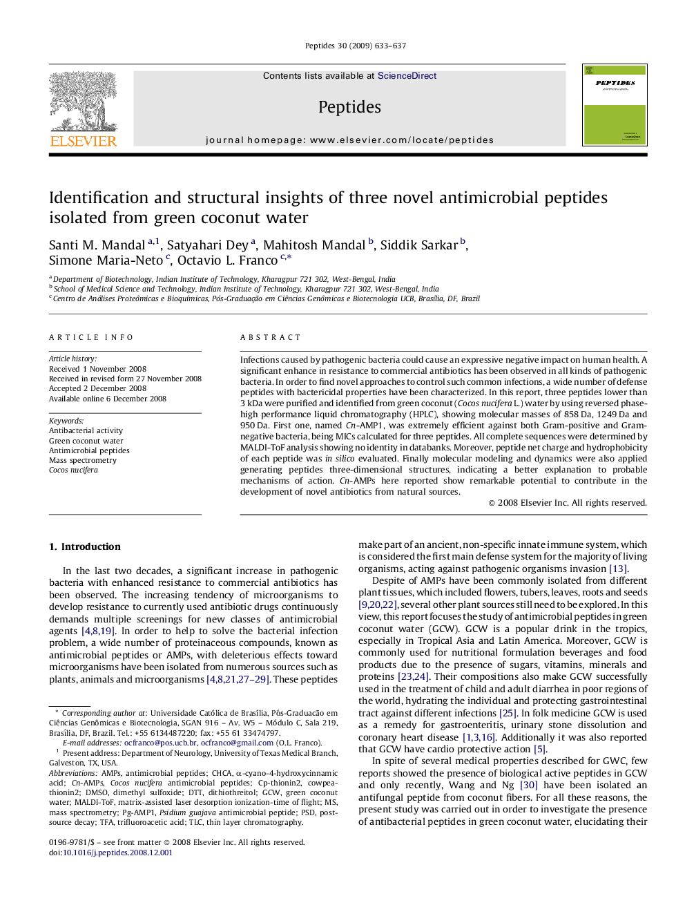 Identification and structural insights of three novel antimicrobial peptides isolated from green coconut water