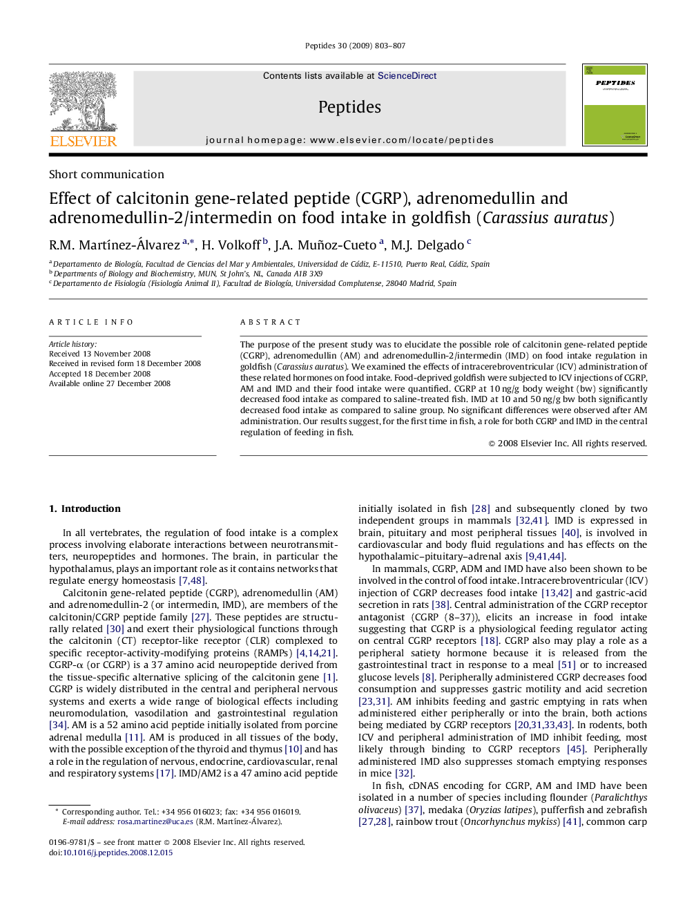 Effect of calcitonin gene-related peptide (CGRP), adrenomedullin and adrenomedullin-2/intermedin on food intake in goldfish (Carassius auratus)