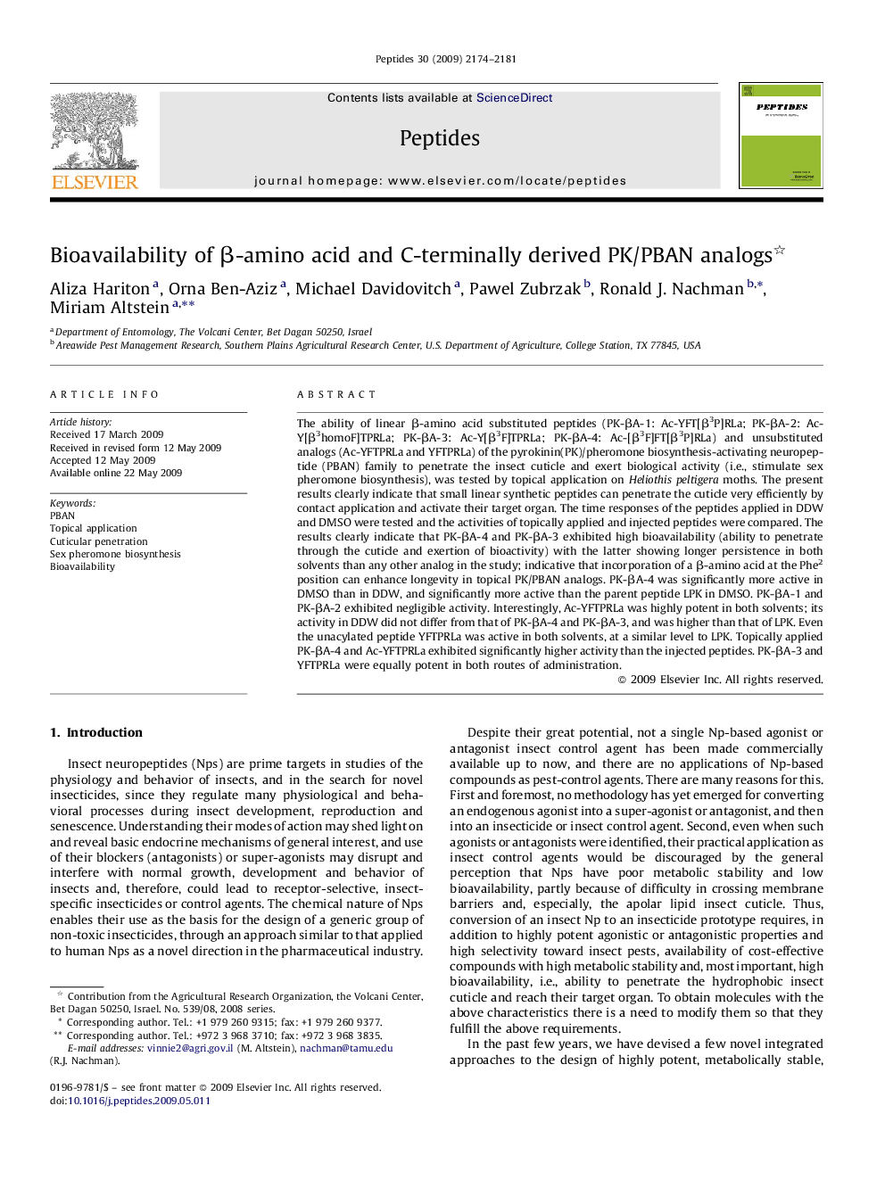 Bioavailability of Î²-amino acid and C-terminally derived PK/PBAN analogs