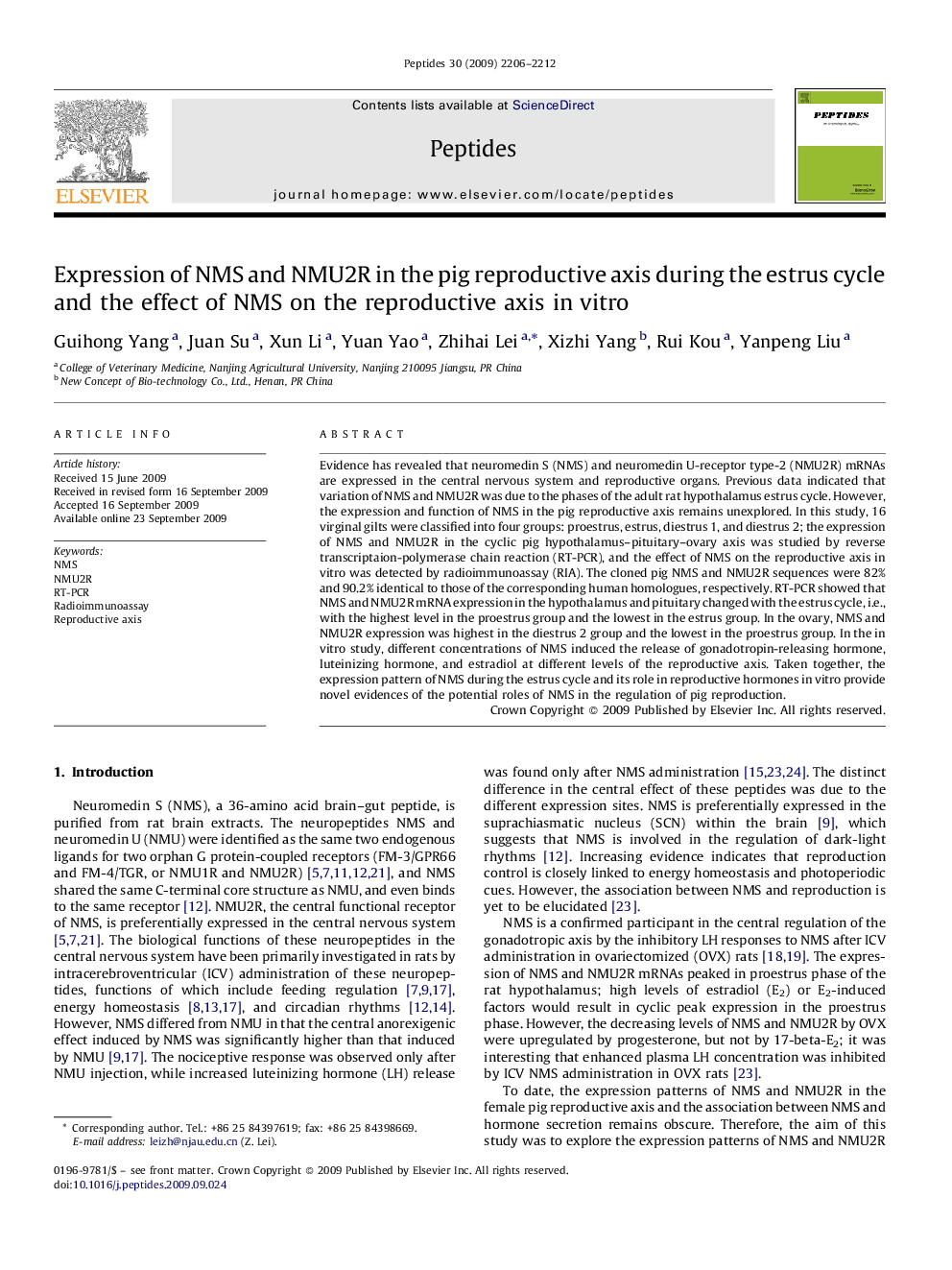 Expression of NMS and NMU2R in the pig reproductive axis during the estrus cycle and the effect of NMS on the reproductive axis in vitro