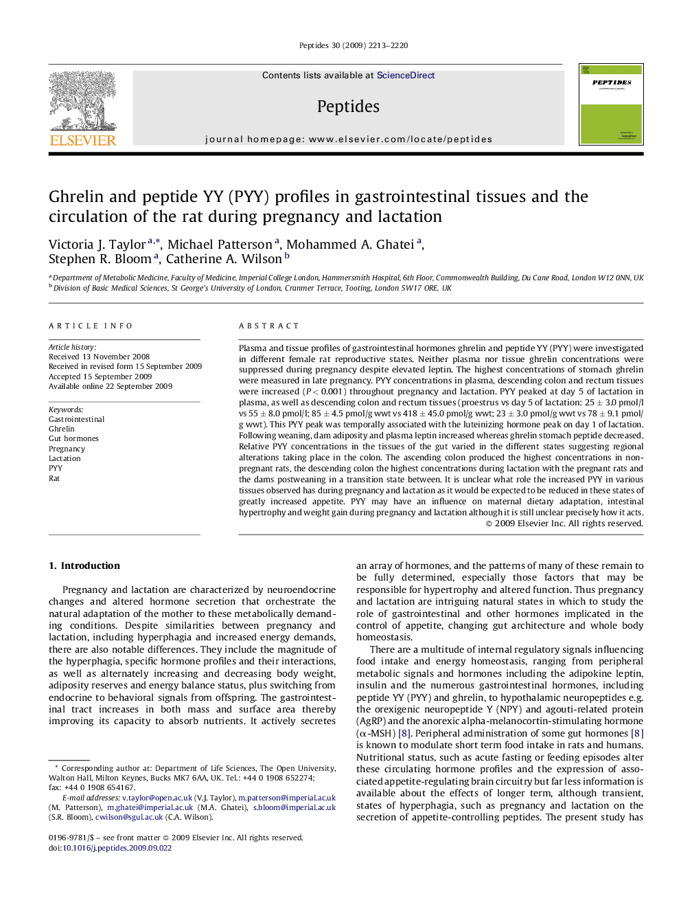 Ghrelin and peptide YY (PYY) profiles in gastrointestinal tissues and the circulation of the rat during pregnancy and lactation