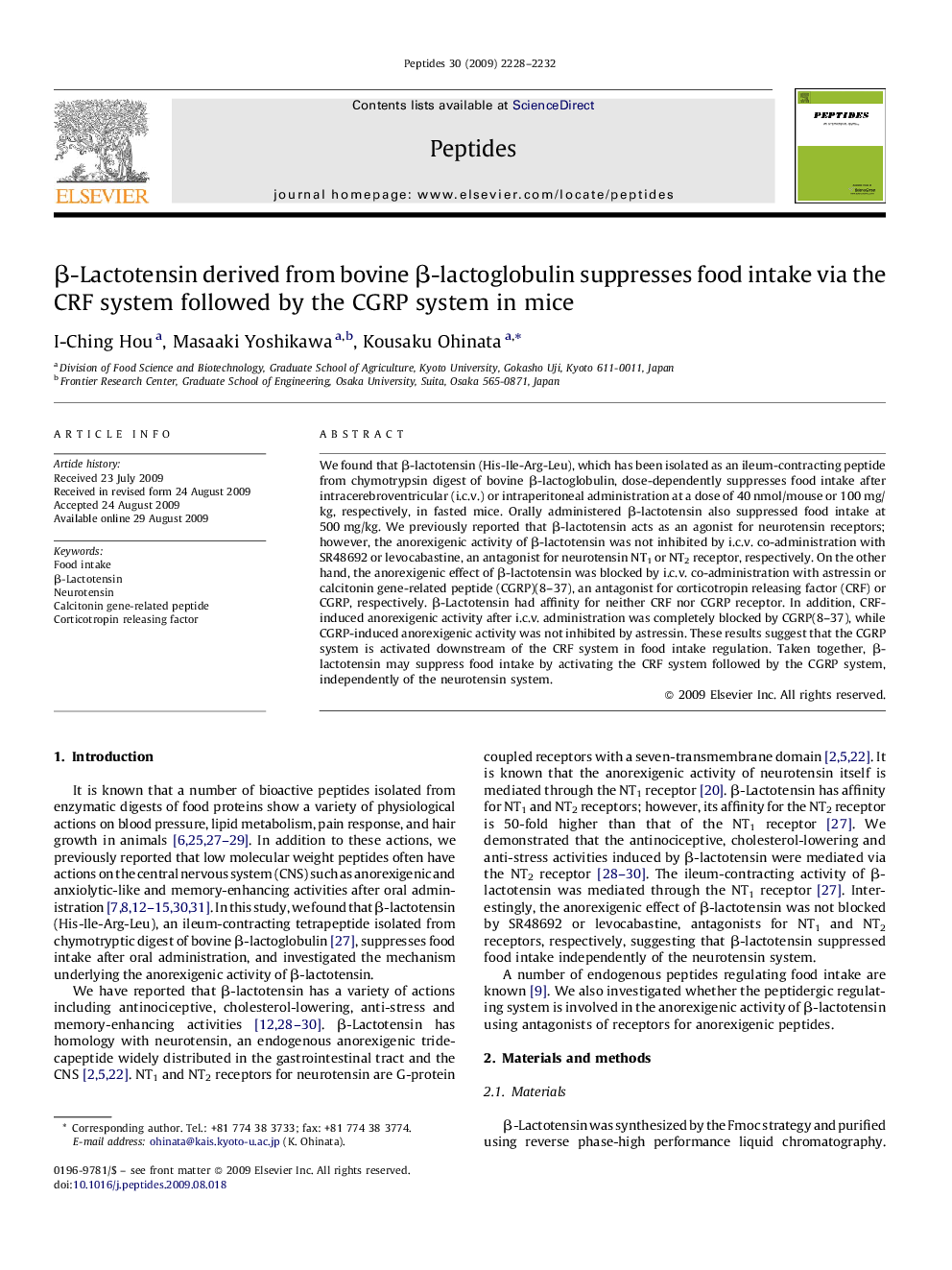 β-Lactotensin derived from bovine β-lactoglobulin suppresses food intake via the CRF system followed by the CGRP system in mice