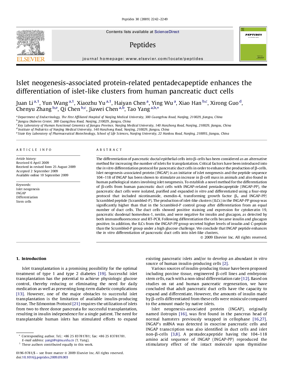 Islet neogenesis-associated protein-related pentadecapeptide enhances the differentiation of islet-like clusters from human pancreatic duct cells