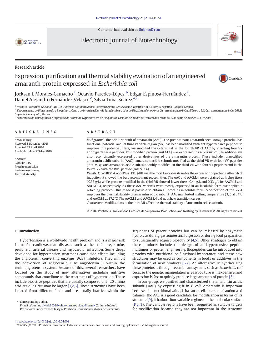 Expression, purification and thermal stability evaluation of an engineered amaranth protein expressed in Escherichia coli 