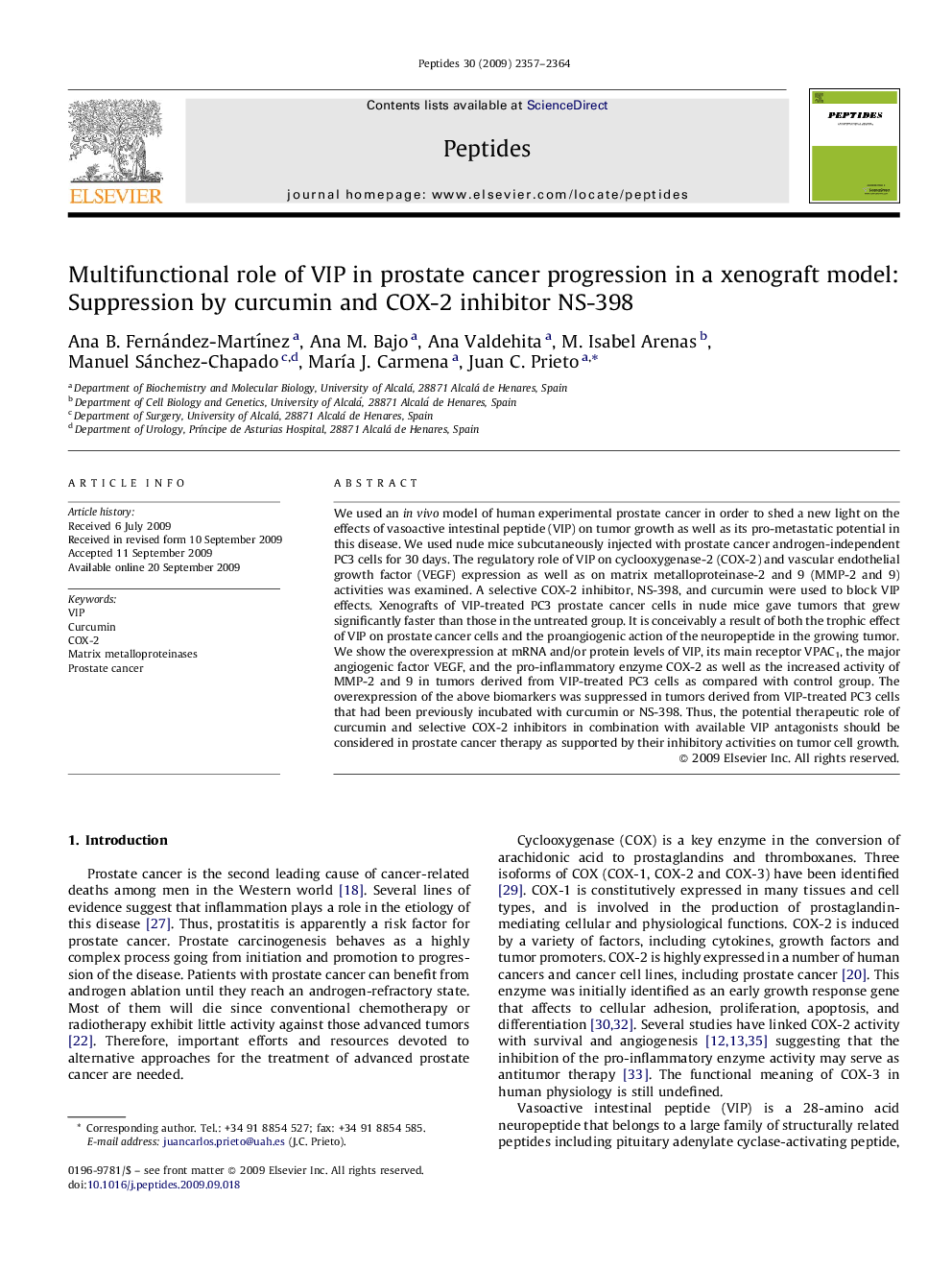 Multifunctional role of VIP in prostate cancer progression in a xenograft model: Suppression by curcumin and COX-2 inhibitor NS-398