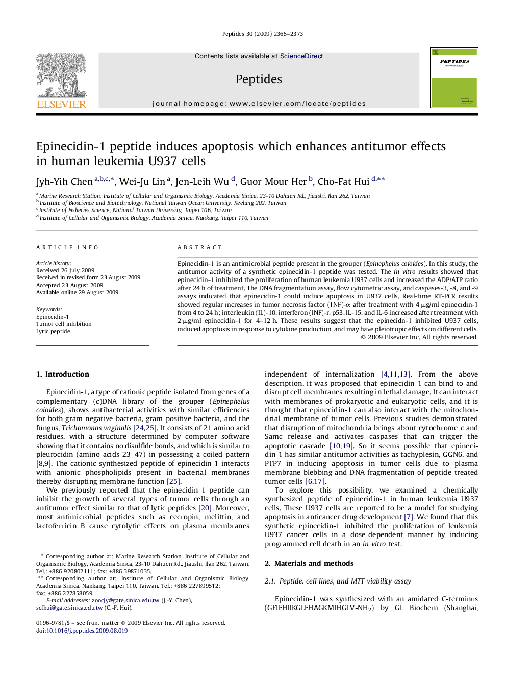 عکس صفحه اول مقاله: Epinecidin-1 peptide induces apoptosis which enhances antitumor effects in human leukemia U937 cells Epinecidin-1 peptide induces apoptosis which enhances antitumor effects in human leukemia U937 cells