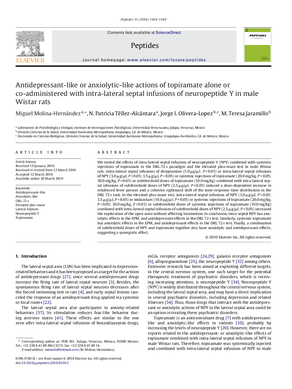 Antidepressant-like or anxiolytic-like actions of topiramate alone or co-administered with intra-lateral septal infusions of neuropeptide Y in male Wistar rats