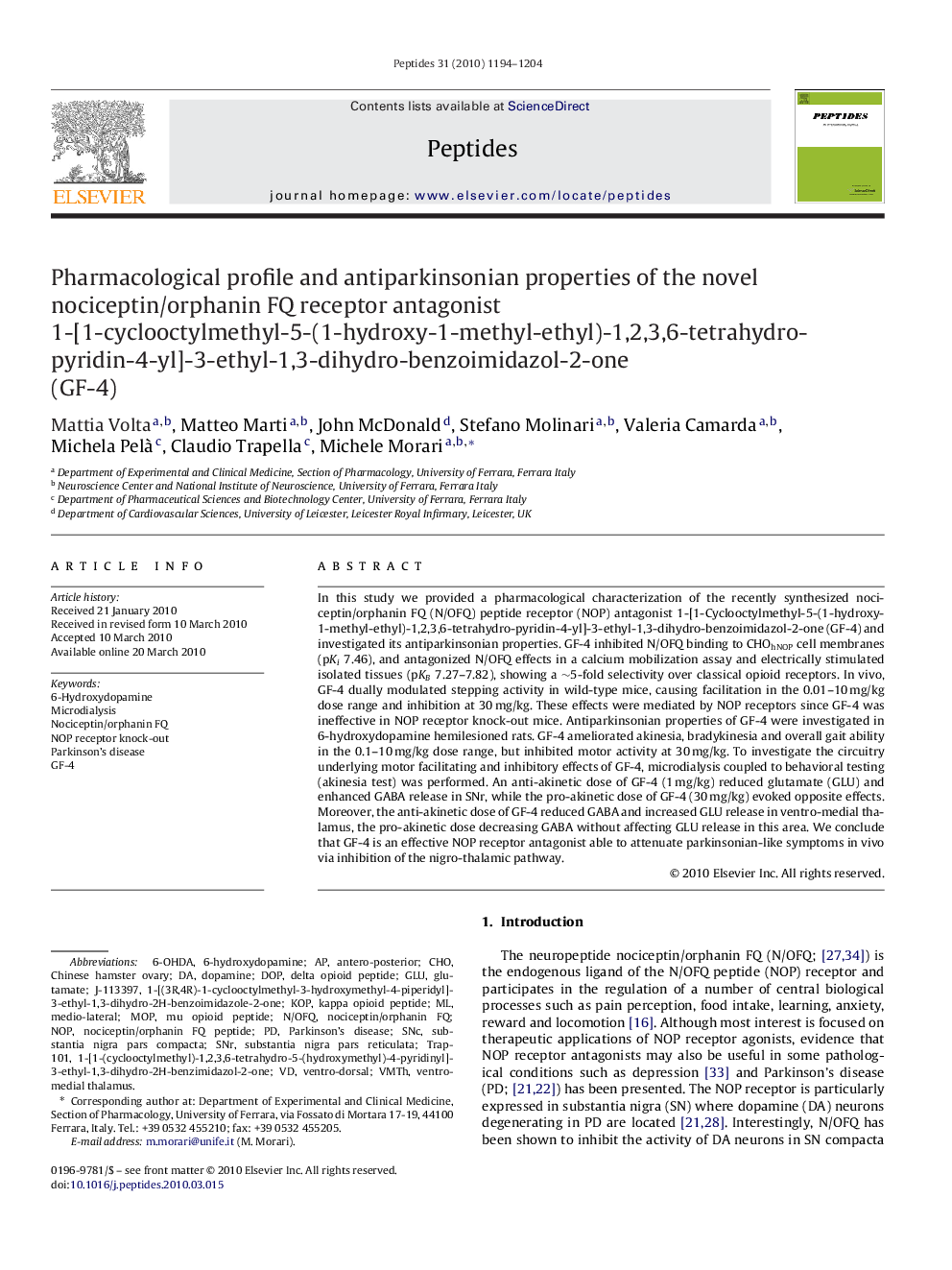 Pharmacological profile and antiparkinsonian properties of the novel nociceptin/orphanin FQ receptor antagonist 1-[1-cyclooctylmethyl-5-(1-hydroxy-1-methyl-ethyl)-1,2,3,6-tetrahydro-pyridin-4-yl]-3-ethyl-1,3-dihydro-benzoimidazol-2-one (GF-4)