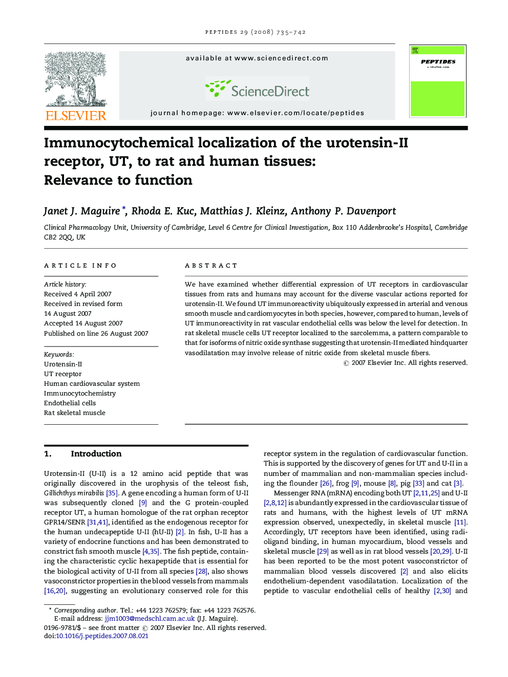 Immunocytochemical localization of the urotensin-II receptor, UT, to rat and human tissues: Relevance to function