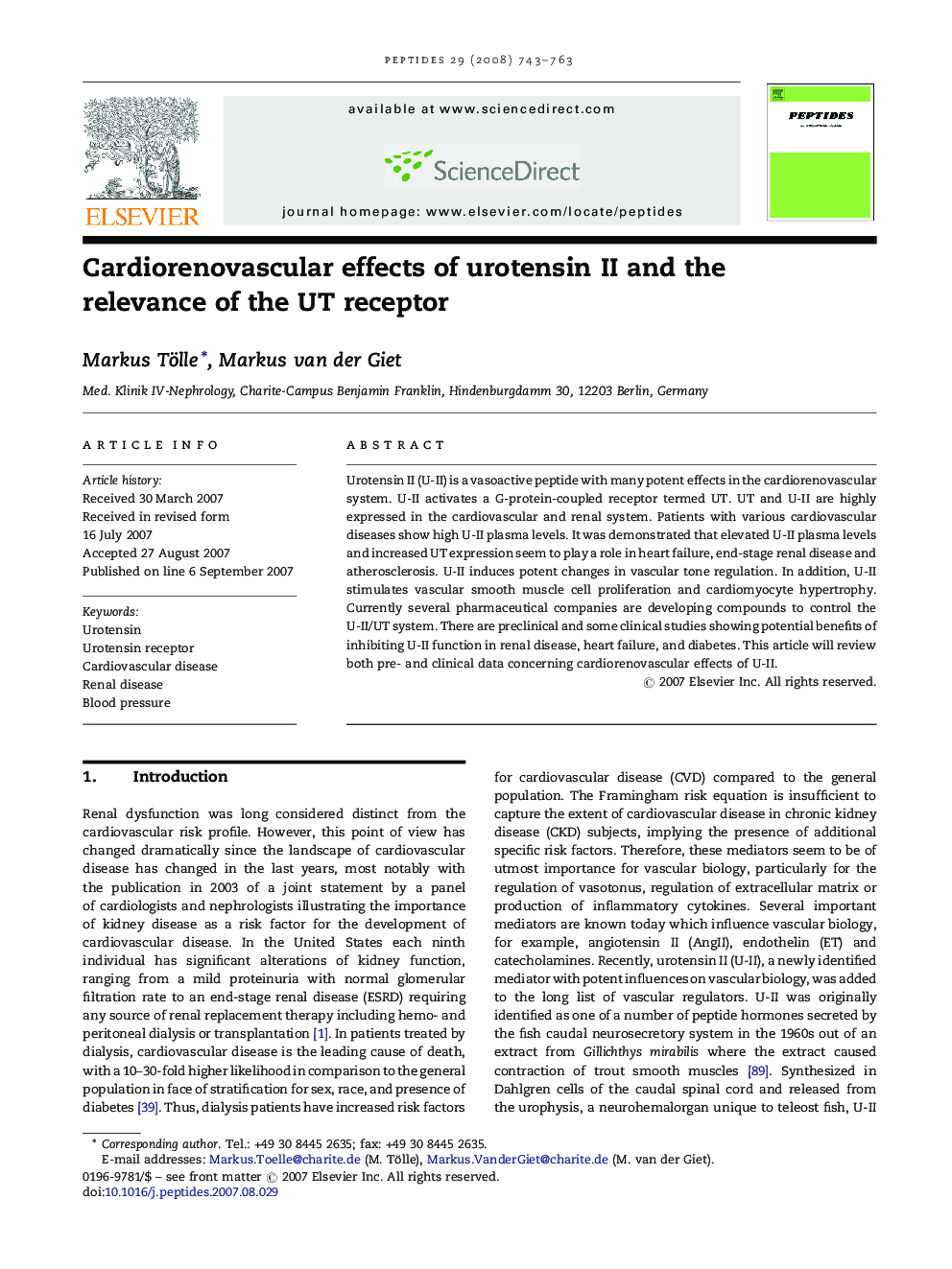 Cardiorenovascular effects of urotensin II and the relevance of the UT receptor