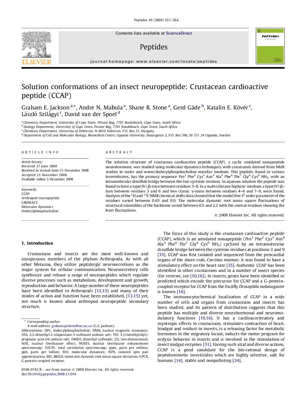 Solution conformations of an insect neuropeptide: Crustacean cardioactive peptide (CCAP)