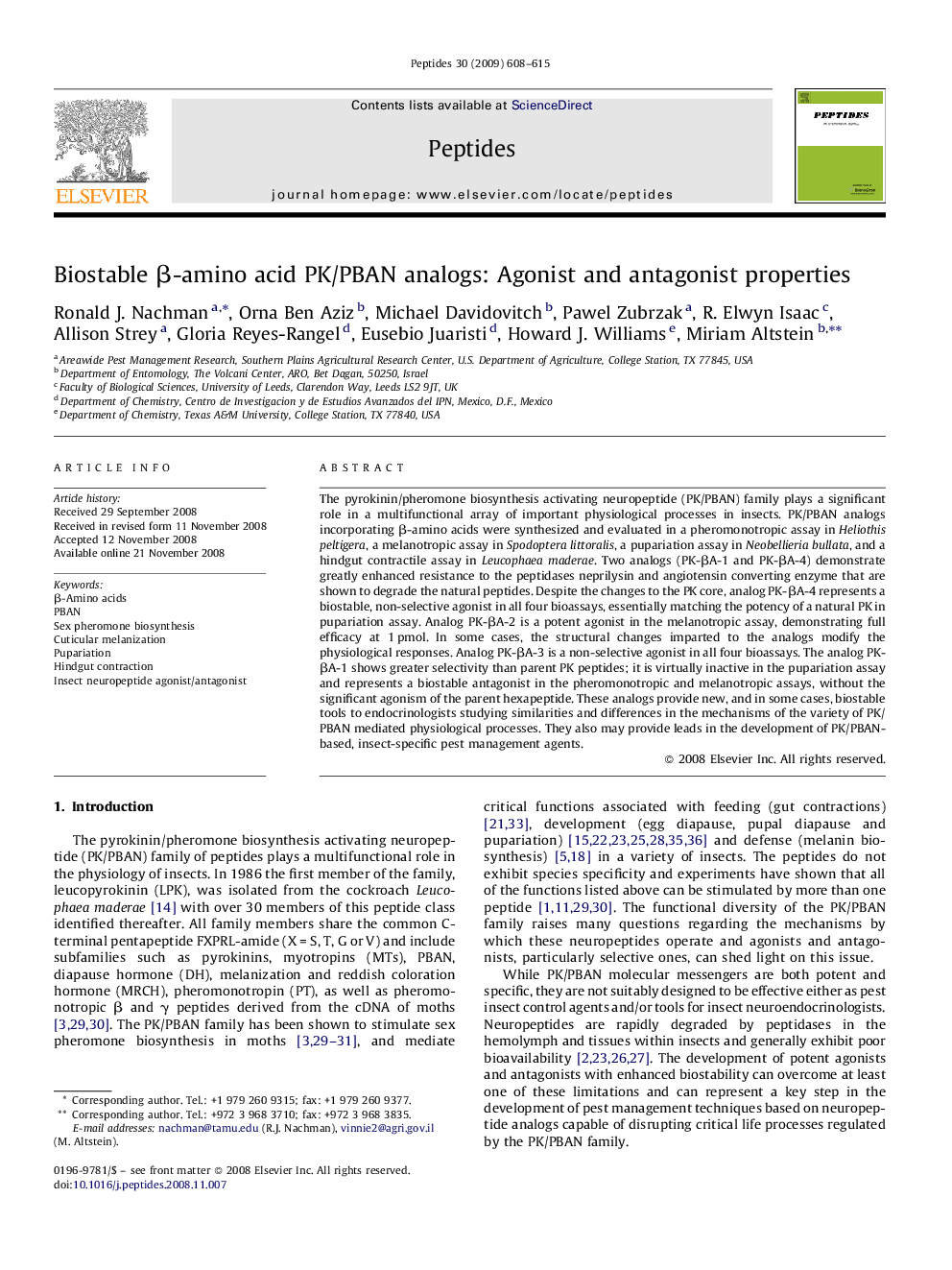 Biostable β-amino acid PK/PBAN analogs: Agonist and antagonist properties