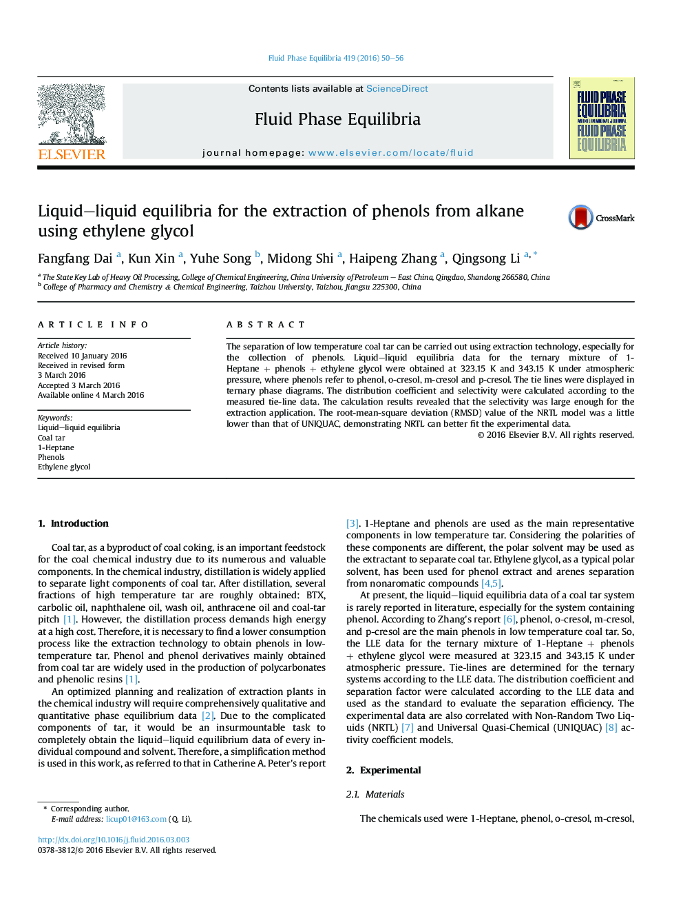 Liquid–liquid equilibria for the extraction of phenols from alkane using ethylene glycol