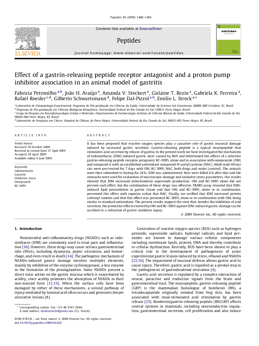 Effect of a gastrin-releasing peptide receptor antagonist and a proton pump inhibitor association in an animal model of gastritis