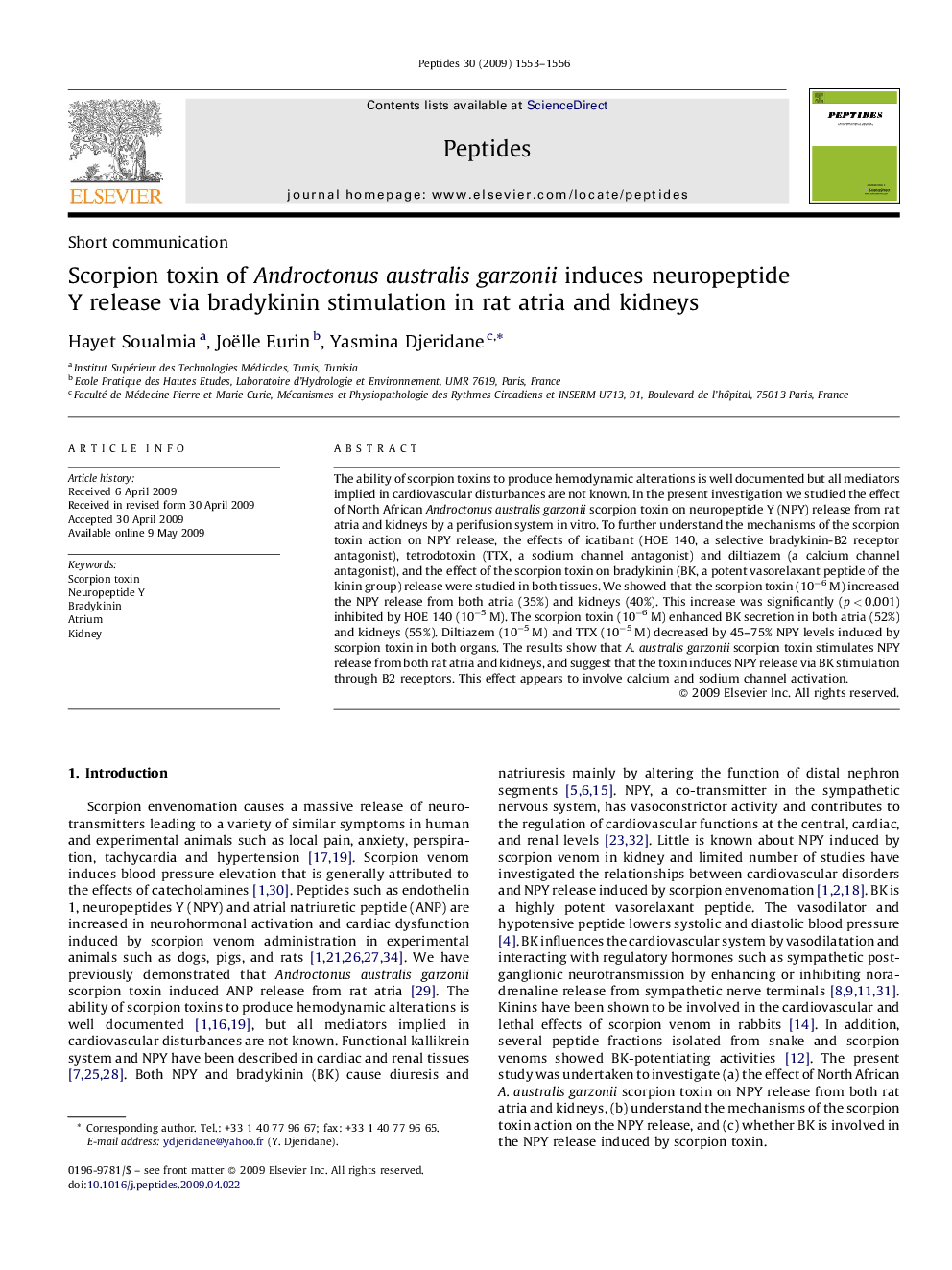 Scorpion toxin of Androctonus australis garzonii induces neuropeptide Y release via bradykinin stimulation in rat atria and kidneys