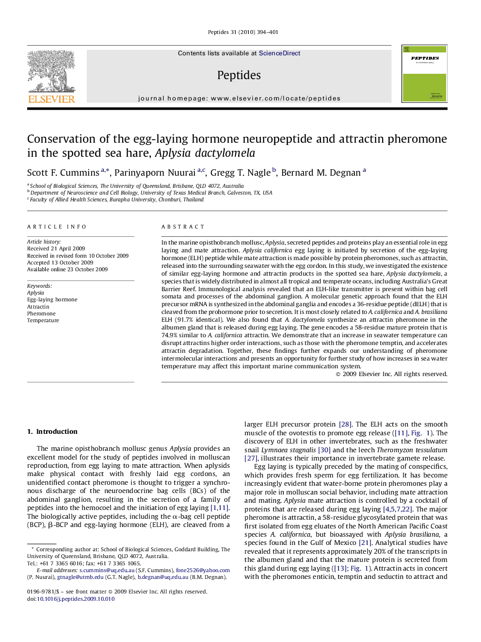 Conservation of the egg-laying hormone neuropeptide and attractin pheromone in the spotted sea hare, Aplysia dactylomela