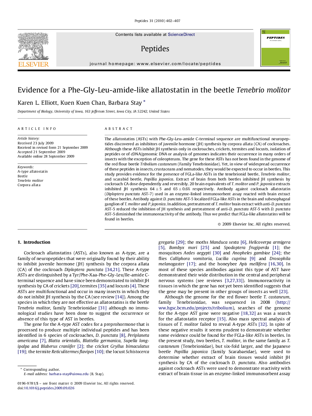 Evidence for a Phe-Gly-Leu-amide-like allatostatin in the beetle Tenebrio molitor