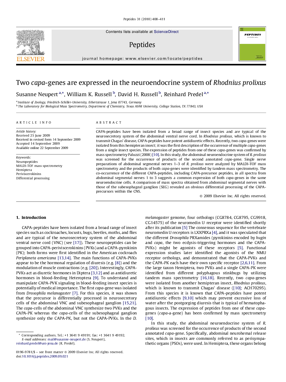 Two capa-genes are expressed in the neuroendocrine system of Rhodnius prolixus