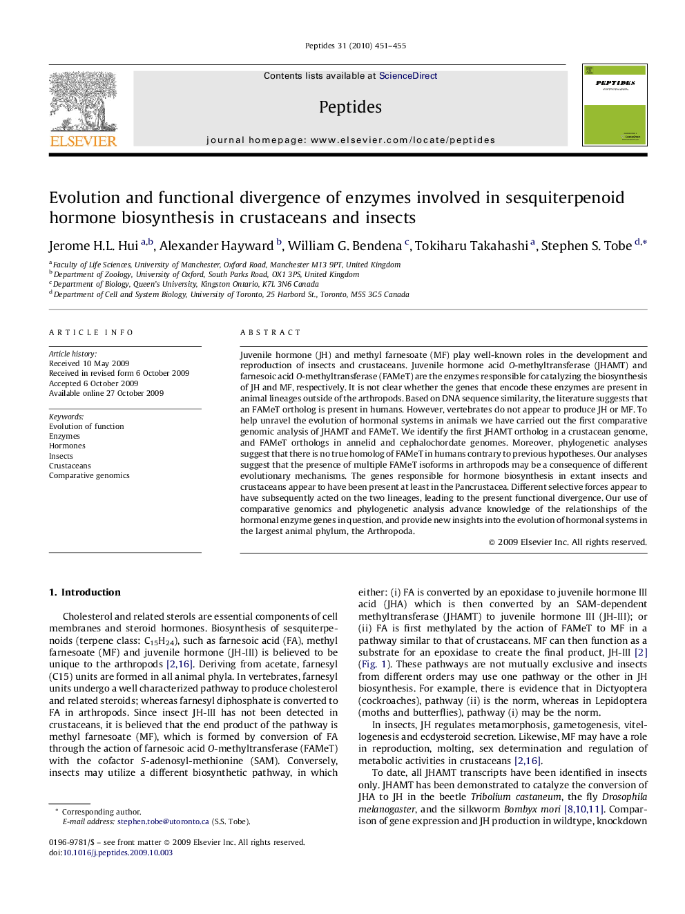 Evolution and functional divergence of enzymes involved in sesquiterpenoid hormone biosynthesis in crustaceans and insects