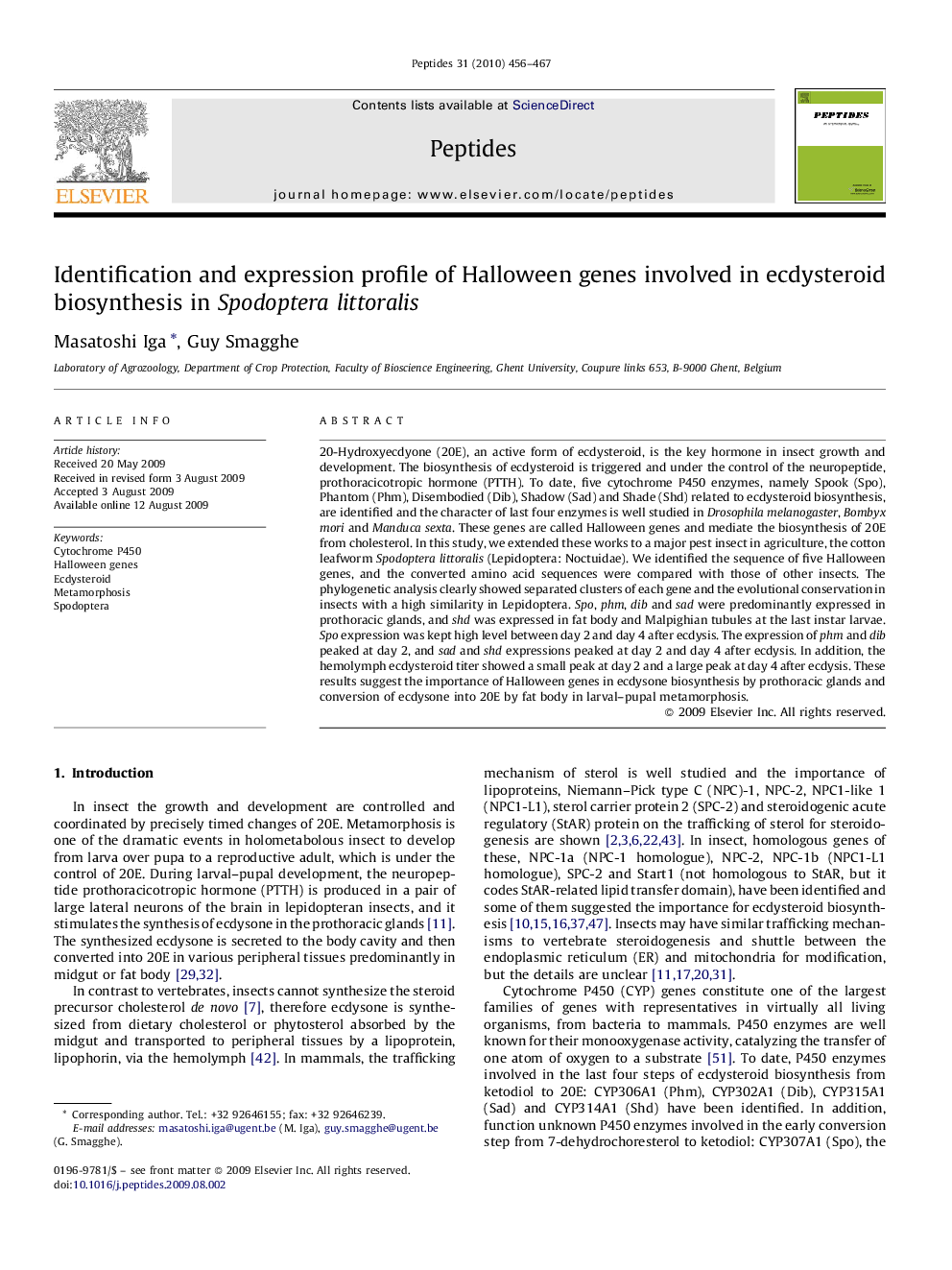 Identification and expression profile of Halloween genes involved in ecdysteroid biosynthesis in Spodoptera littoralis